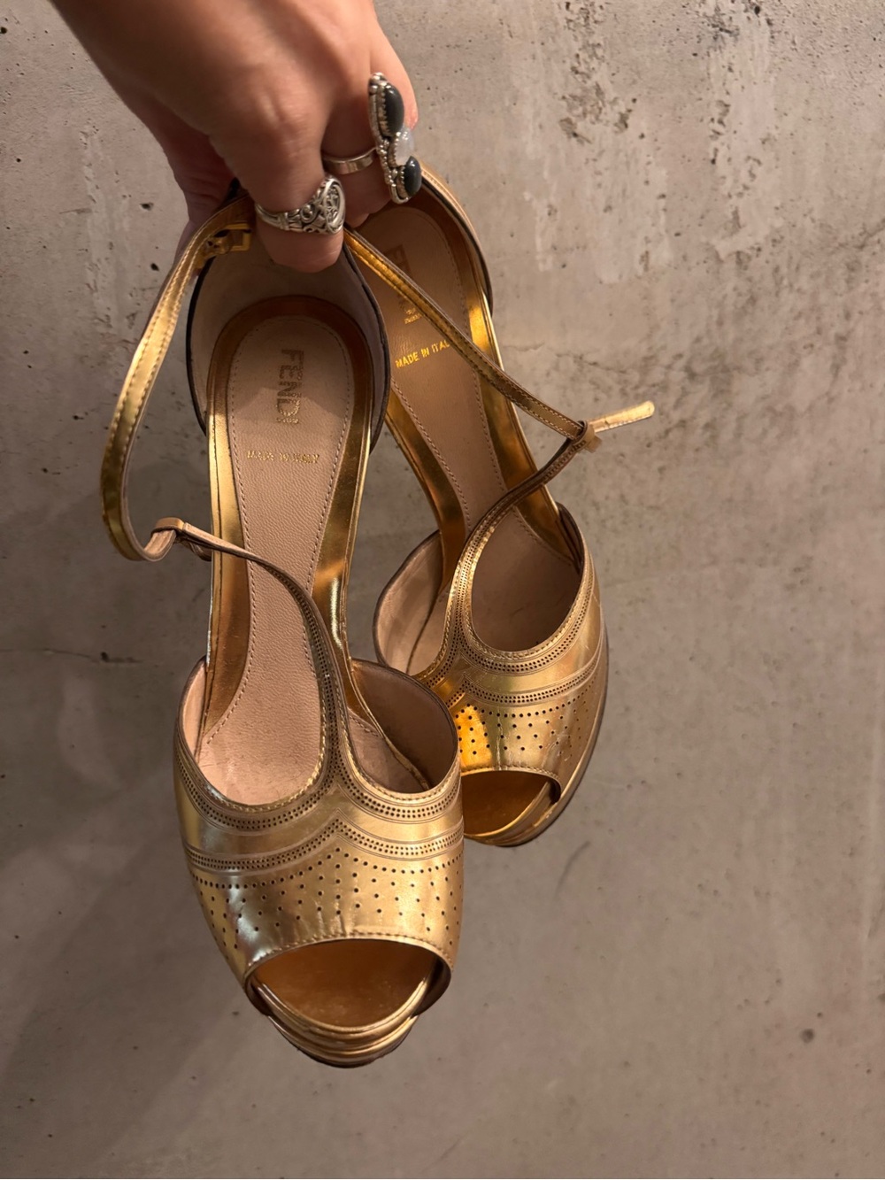 Fendi Gold Leather Peep-Toe Slingback Heels 8